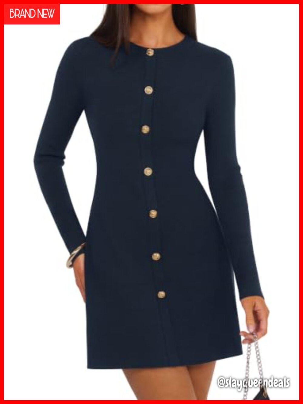 ZESICA Women's Long Sleeve Crew Neck Button Front A-Line Mini Sweater Dress Work